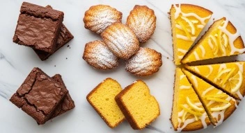 Assorted gluten-free almond flour desserts displayed on marble countertop.