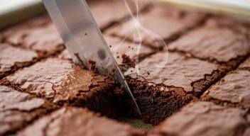 Glossy crust gluten-free  brownies being sliced on a parchment-lined baking pan.