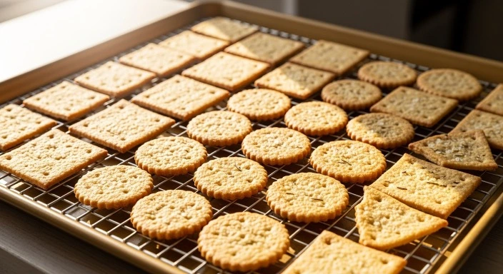 Golden gluten-free crackers cooling on wire rack, crisp edges visible under light.