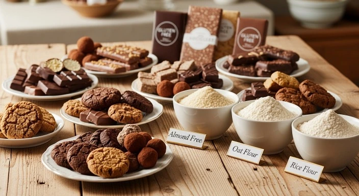 Melted gluten free chocolates in a bowl over a double boiler, whisk inside the glossy mixture.