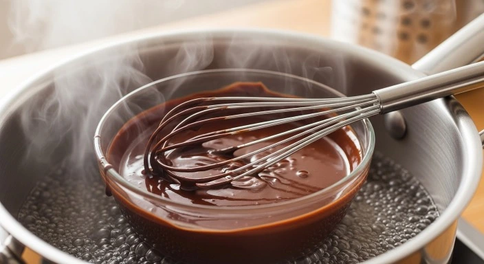Melted gluten-free chocolate in a bowl over a double boiler, whisk inside the glossy mixture
