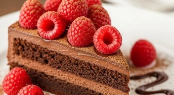Rich flourless chocolate almond torte topped with fresh raspberries and cocoa powder