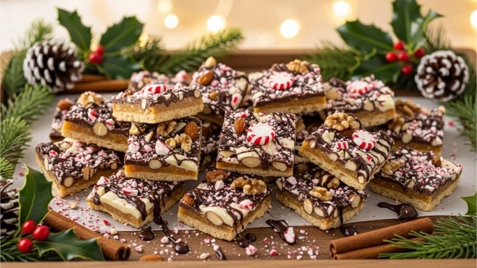Gluten-free Christmas crack with chocolate and peppermint topping.
