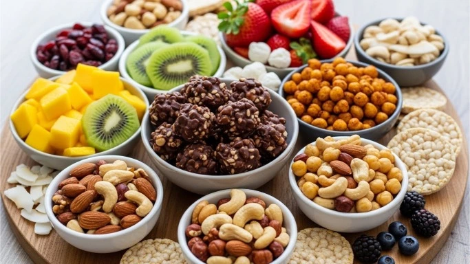 Assorted gluten free snacks including chocolate clusters and roasted chickpeas on a wooden board