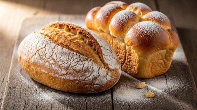 Gluten-free rustic loaf and brioche on wooden board, golden crusts and soft interiors visible