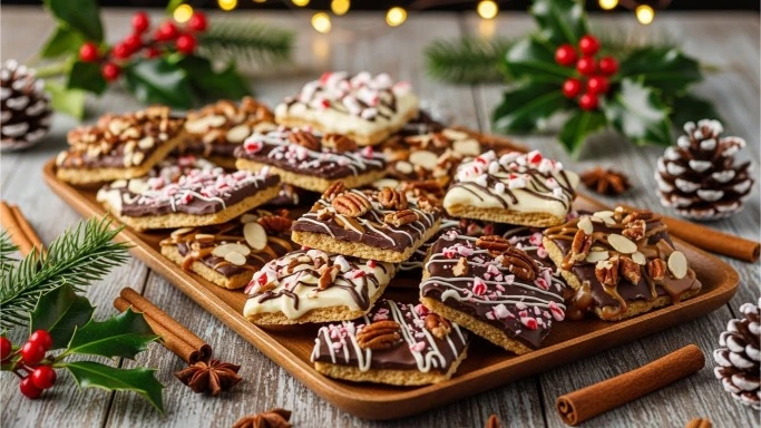 Gluten-free Christmas crack broken into pieces and displayed on a festive holiday tray