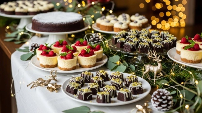 Assorted gluten-free Christmas desserts displayed on a festive holiday table