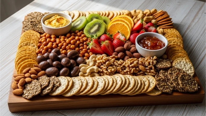 Assorted gluten free snacks including roasted chickpeas, chocolate clusters, fruit slices, nuts, and crackers on a wooden snack board