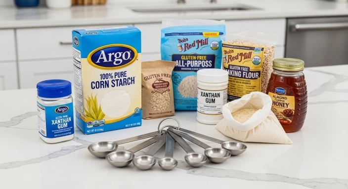 Cornstarch labeled gluten free on kitchen counter.